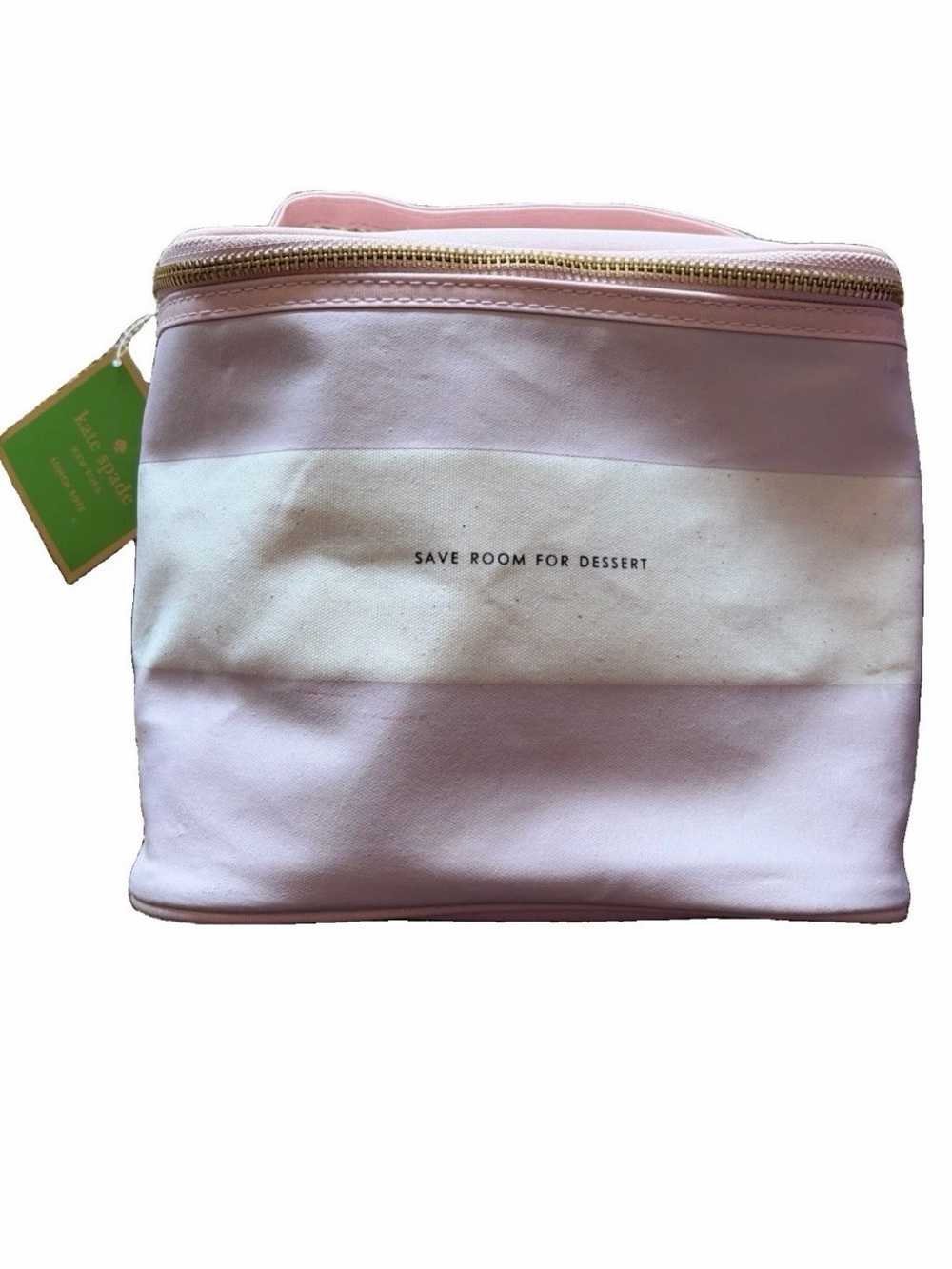 kate spade Pink and Cream Striped insulated lunch tote- "Save Room For Dessert"